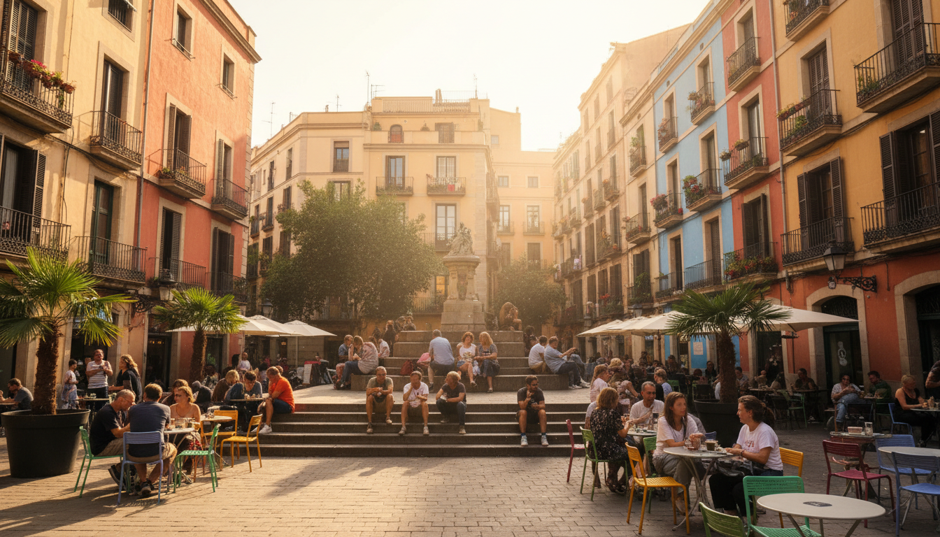 Plaa del Sol in Grcia at golden hour, showing people sitting on the plaza steps, outdoor caf terrace