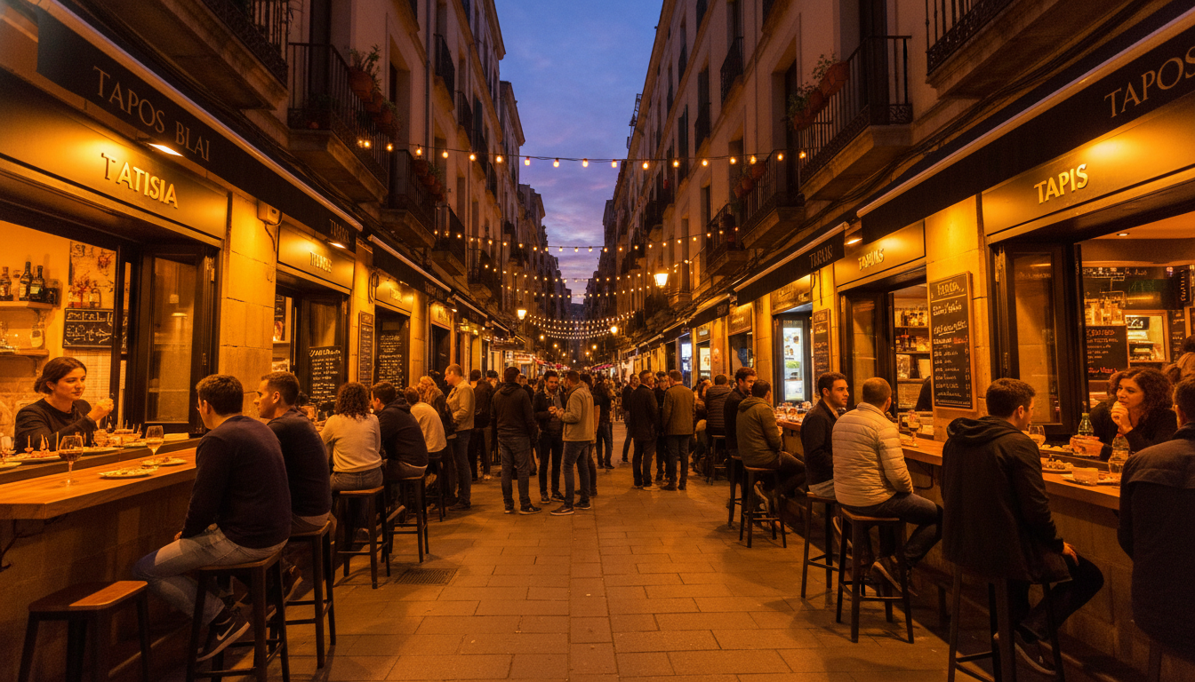 Carrer Blai in Poble Sec at night, showing the pedestrian street lined with tapas bars, people stand