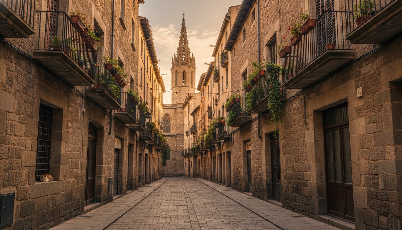 A narrow medieval street in El Born with stone buildings, wrought-iron balconies with plants, and a