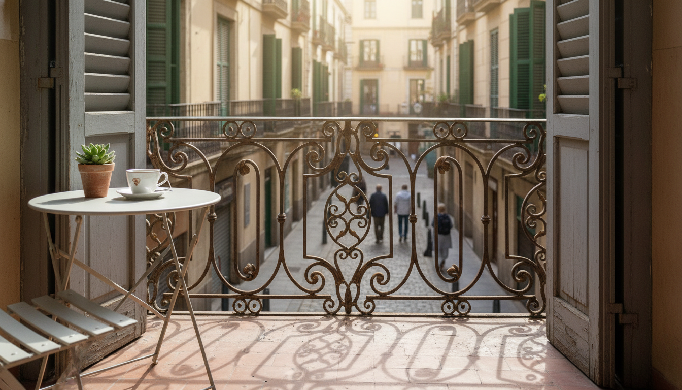 Morning light streaming through wooden shutters onto a traditional Barcelona balcony with wrought ir