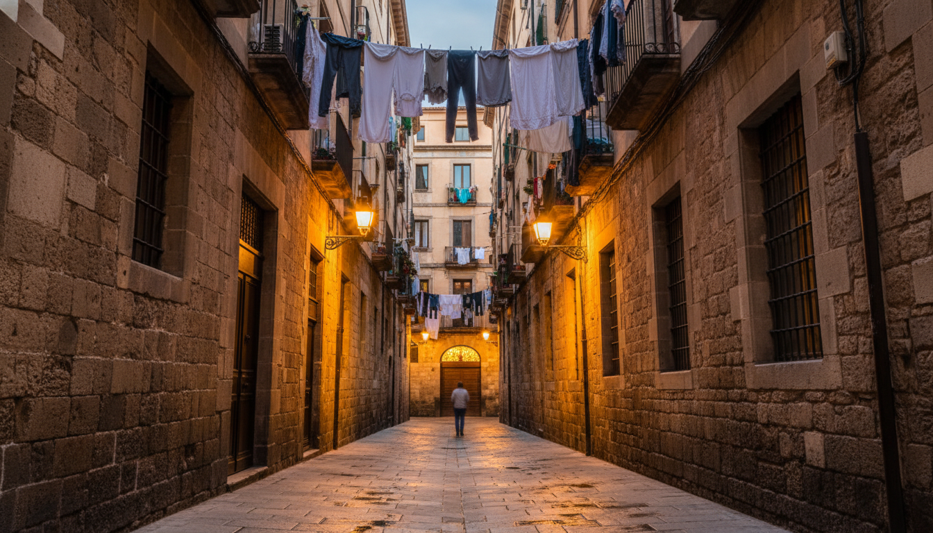 Narrow Gothic Quarter alley at dusk with hanging laundry, warm light from apartment windows, ancient