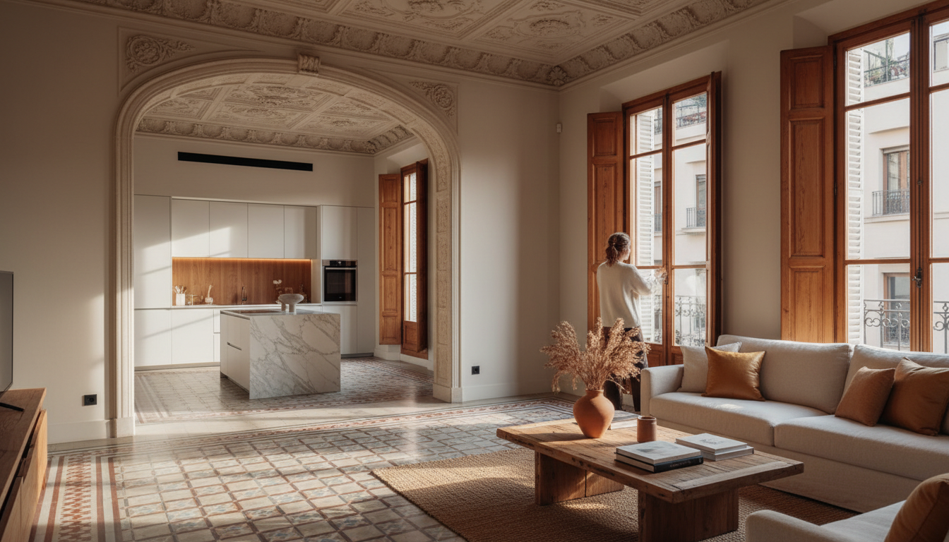 Interior of a classic Eixample apartment showing original hydraulic floor tiles, tall windows with w