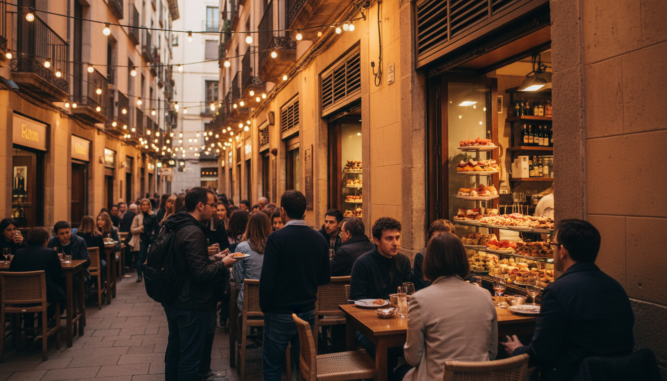 Evening scene on Carrer de Blai with crowds gathered at pintxos bars, colorful plates of tapas visib