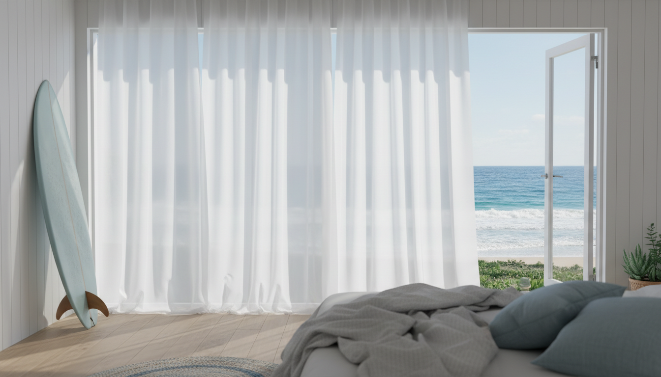 Morning light streaming through sheer white curtains in a coastal bedroom, with a glimpse of turquoi
