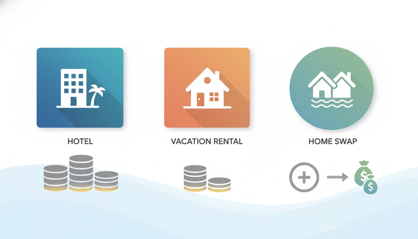 Comparison infographic showing a 2-week beach vacation cost breakdown hotel 5,600, vacation rental 3