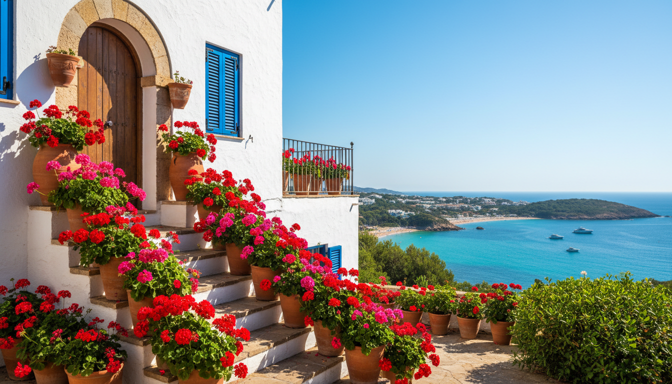 A traditional white-walled Spanish coastal home with blue shutters, terracotta pots of geraniums on
