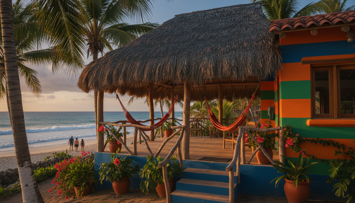 A colorful Mexican beach house with a palapa-covered terrace, hammocks, tropical plants, and the Pac
