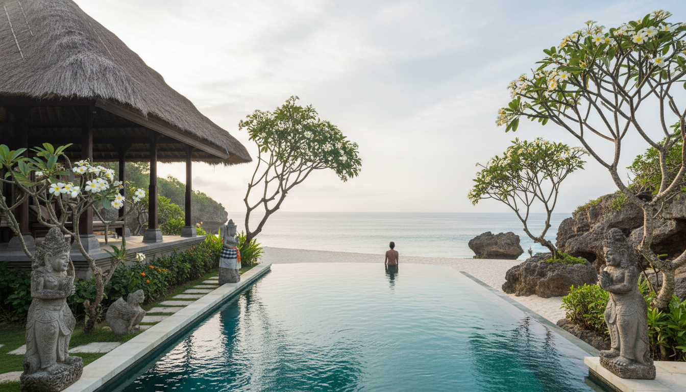 A Balinese-style beach house with thatched roof, infinity pool overlooking the ocean, frangipani tre