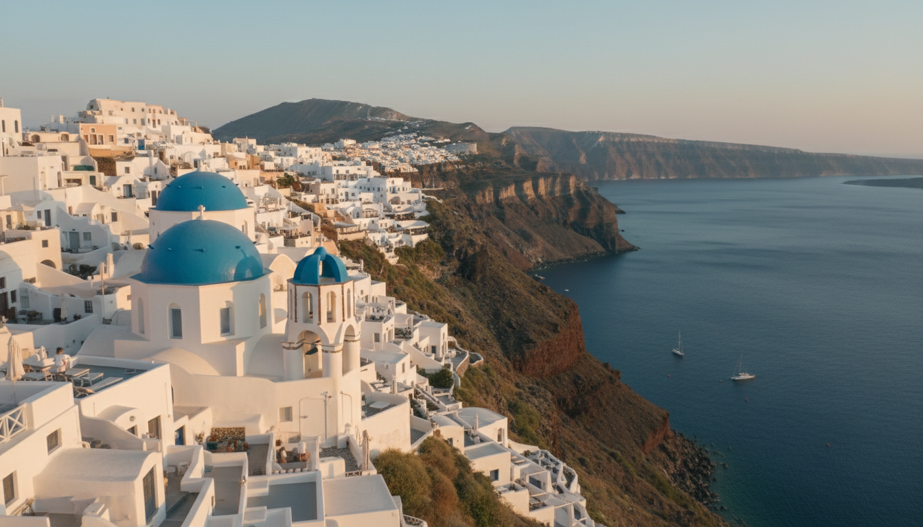 Aerial view of Santorinis Oia village at golden hour, white cubic houses cascading down volcanic cli