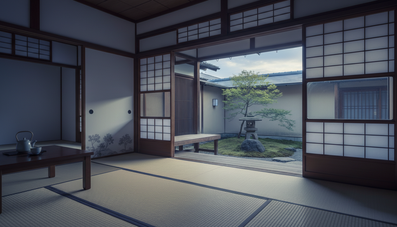 Interior of a traditional Kyoto machiya at dawn, tatami floors, shoji screens filtering soft morning