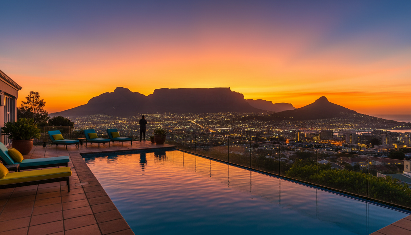 View from a Cape Town home terrace at sunset, Table Mountain silhouette against orange sky, city lig
