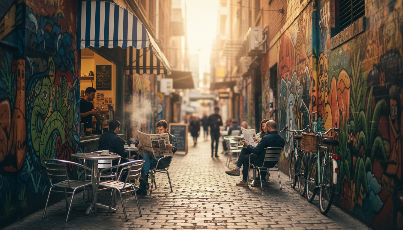 Melbourne laneway at morning, street art covering walls, small specialty coffee shop with outdoor se