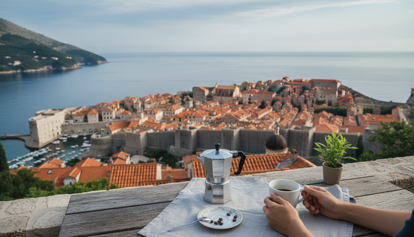 View of Dubrovnik Old Town from a hillside terrace above, terracotta roofs and city walls visible be