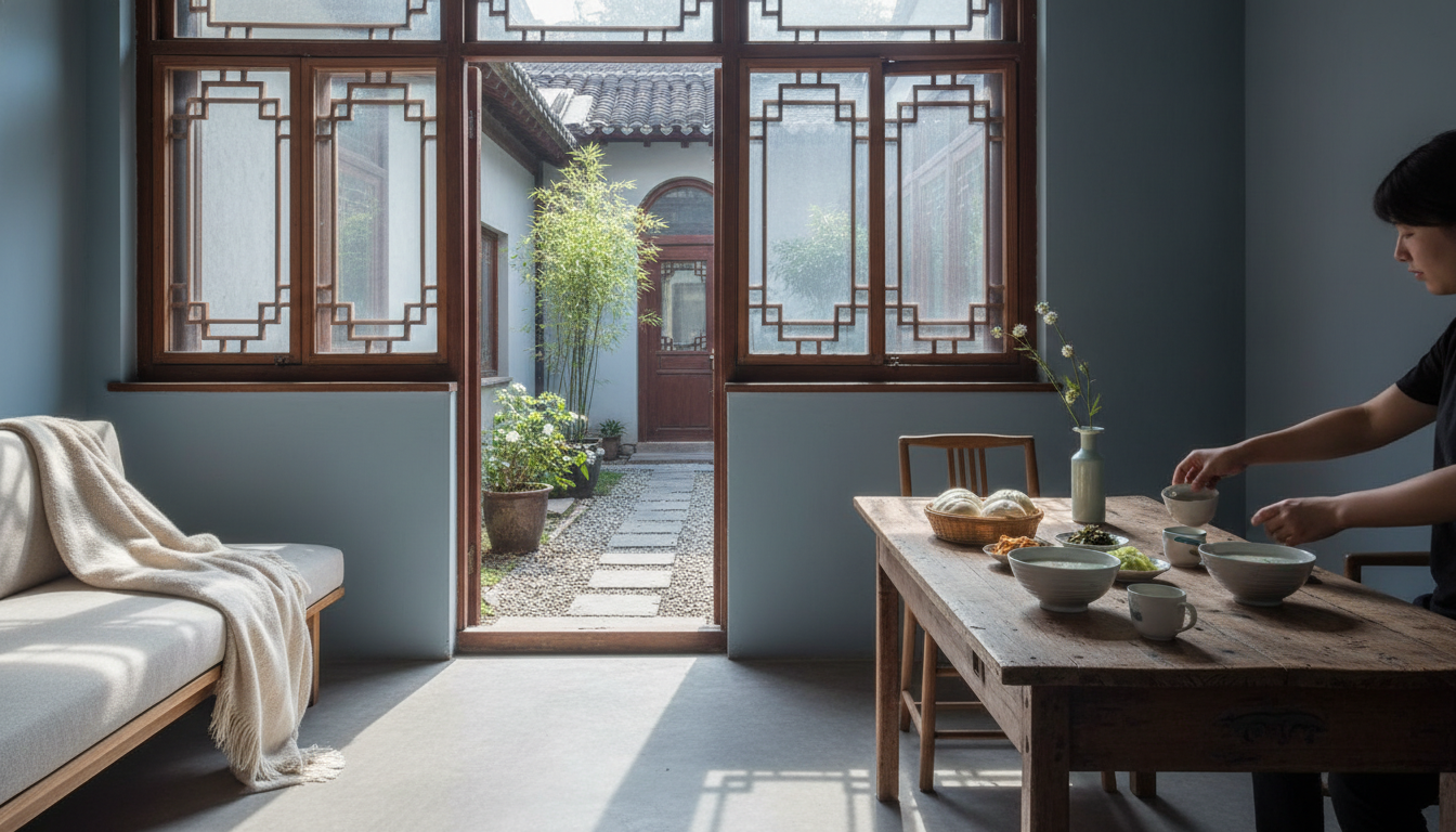 Morning light streaming through traditional wooden lattice windows into a renovated hutong home, wit