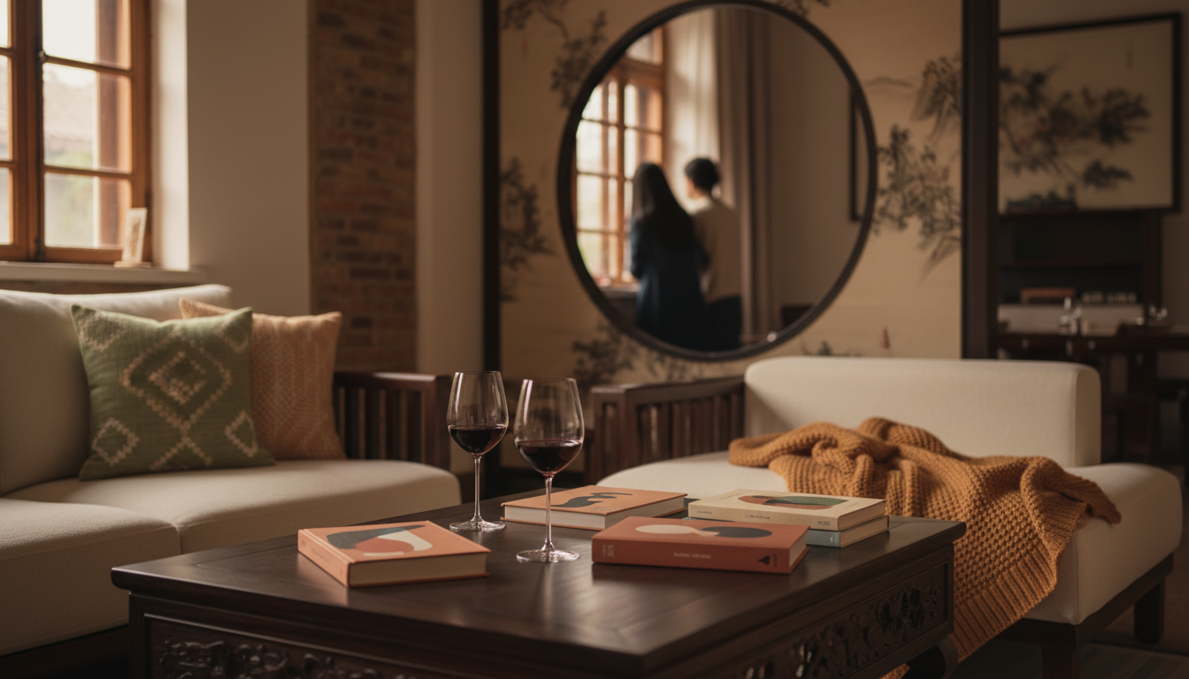 Cozy interior of a renovated Beijing apartment, mix of traditional Chinese furniture and modern touc
