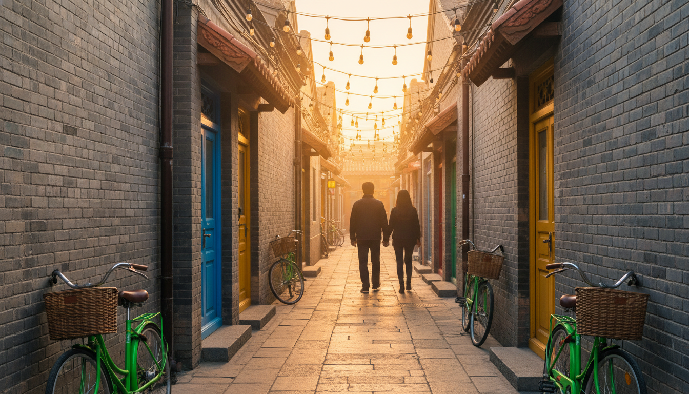 Narrow Beijing hutong at golden hour, string lights beginning to glow, a couple silhouetted walking