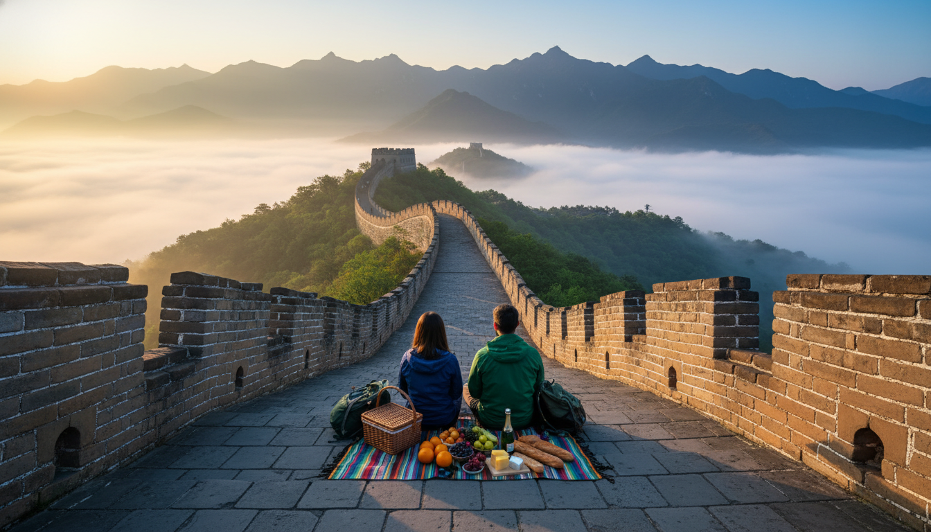 Two people sitting on the Great Wall at Mutianyu, morning mist in the valley below, picnic spread be
