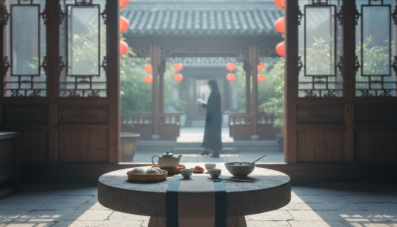 Morning light filtering through traditional wooden lattice windows in a Beijing courtyard house, wit