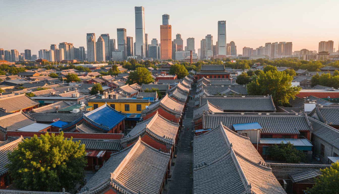 Aerial view of traditional gray-roofed hutong alleyways in Dongcheng, with modern skyscrapers visibl