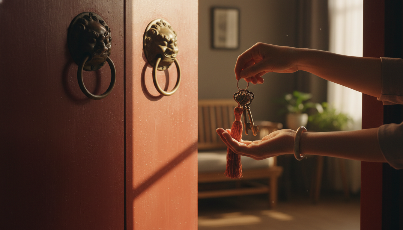 Close-up of hands exchanging keys in front of a traditional red Chinese door with brass lion knocker