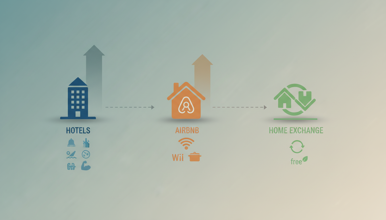 Infographic comparing average nightly costs in Beijing - hotels 175, Airbnb 110, home exchange 1 cre