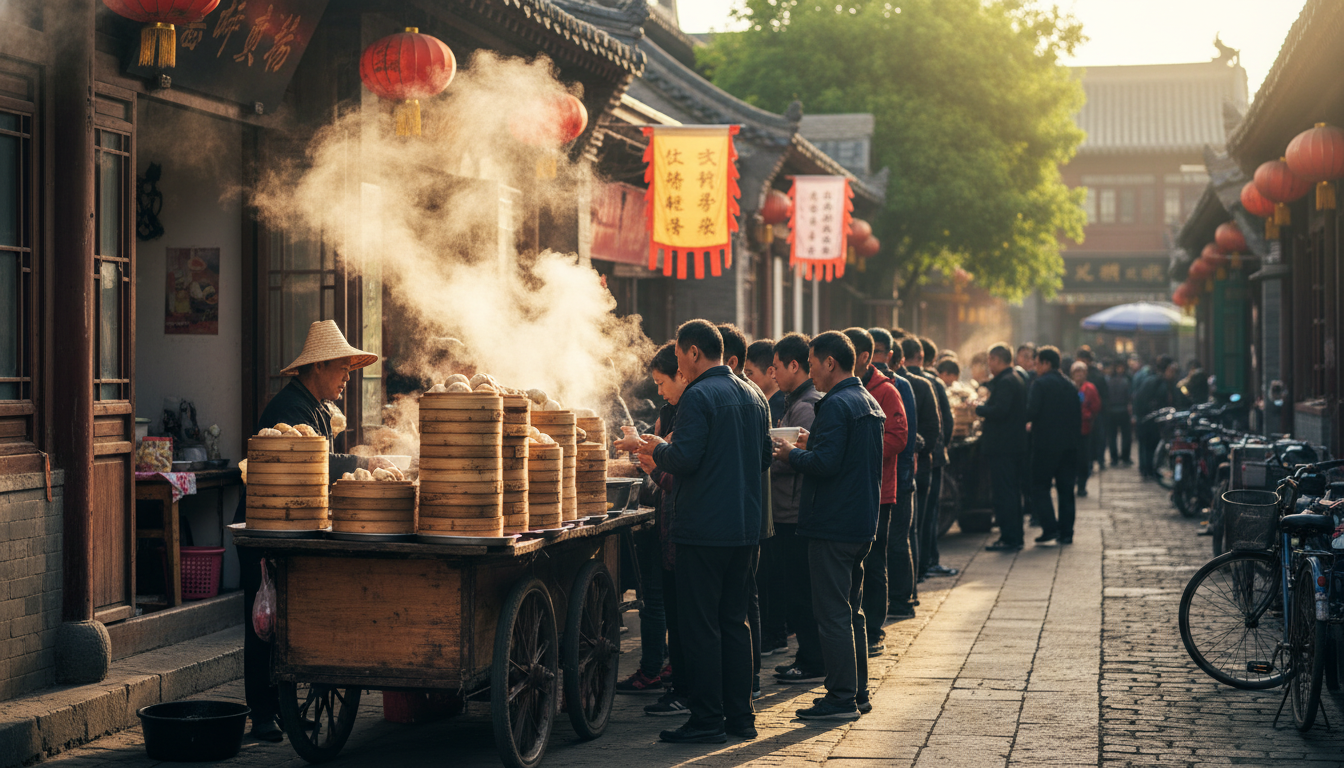 Bustling morning scene at a Beijing breakfast street stall, with steam rising from bamboo baskets of
