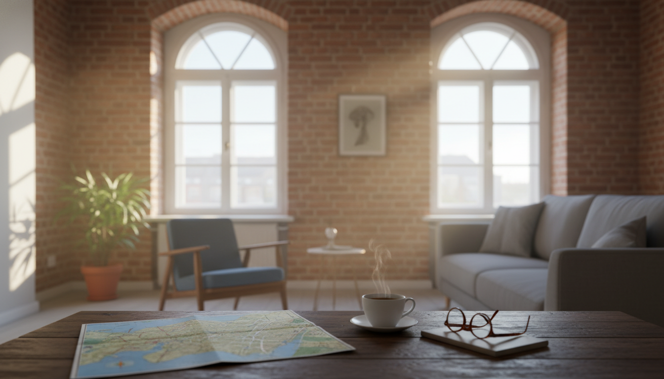 Early morning light filtering through tall windows in a Berlin altbau apartment, exposed brick walls