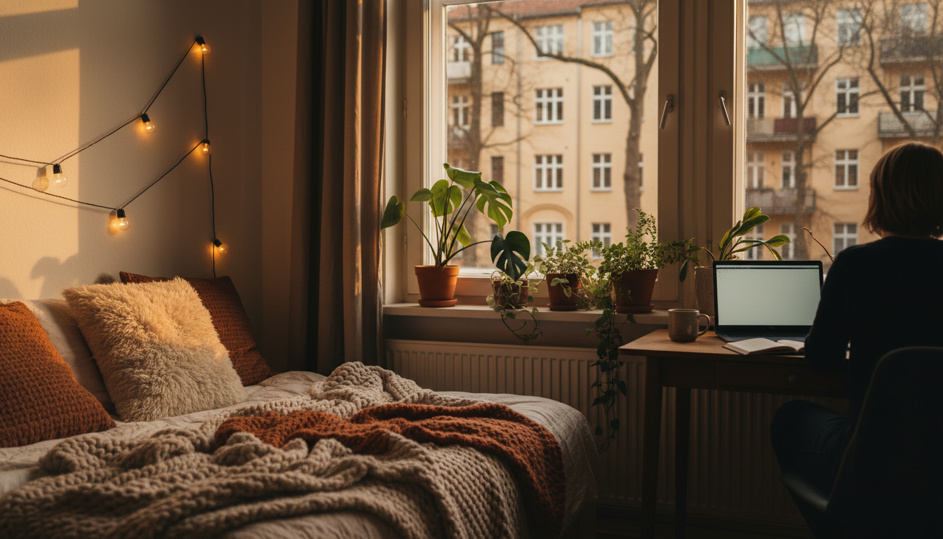 Cozy Berlin studio apartment with a daybed, string lights, plants on the windowsill, and a small des