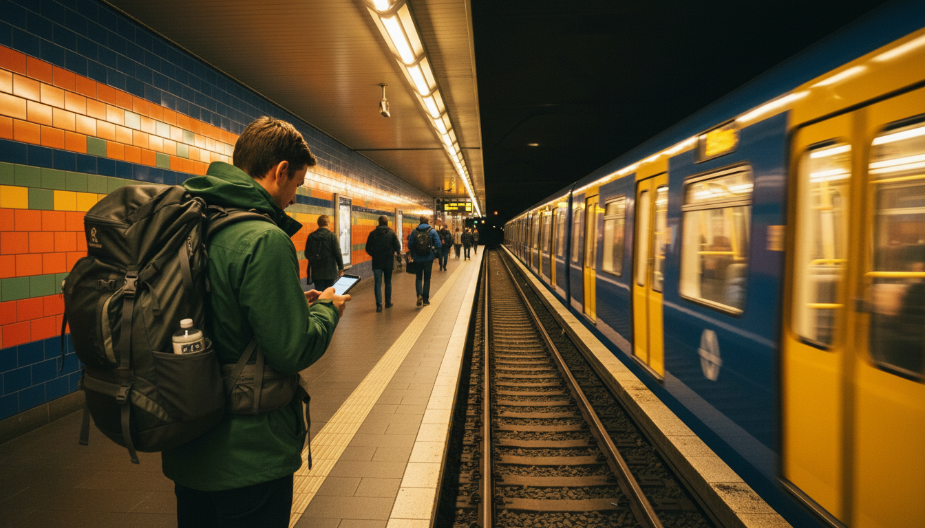 Berlin U-Bahn station at night, warm yellow lighting, a solo traveler with a backpack checking their