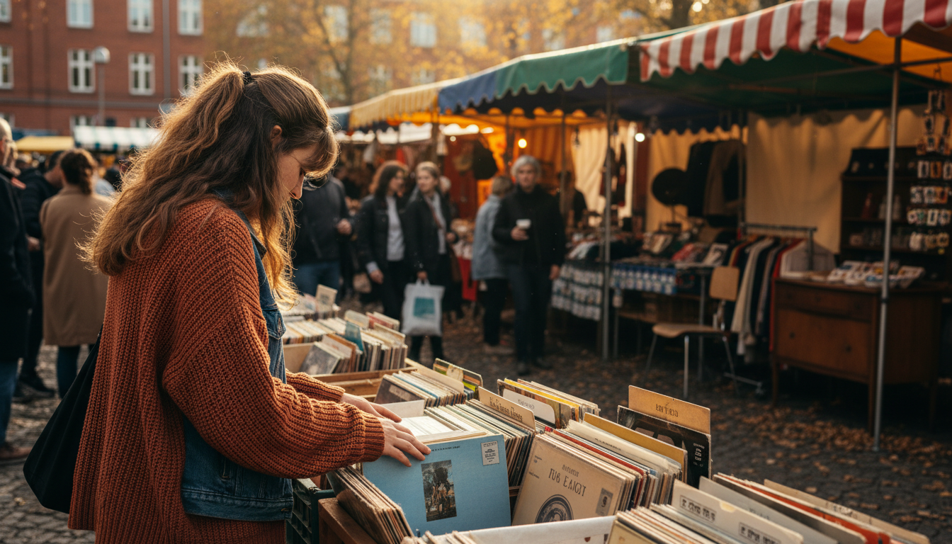 Solo traveler browsing vinyl records at Mauerpark flea market, colorful stalls in the background, au