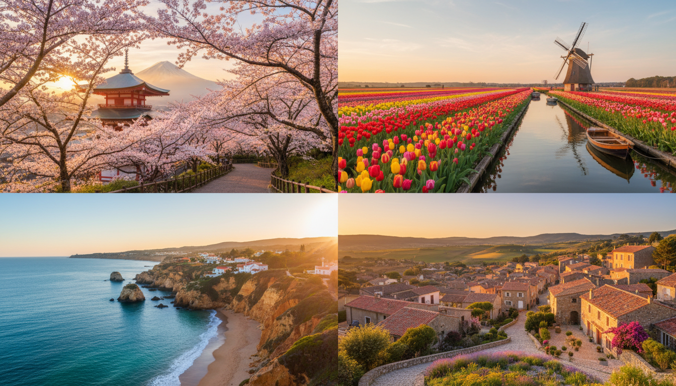 A split-scene showing four different spring destinations - cherry blossoms in Japan, colorful tulips