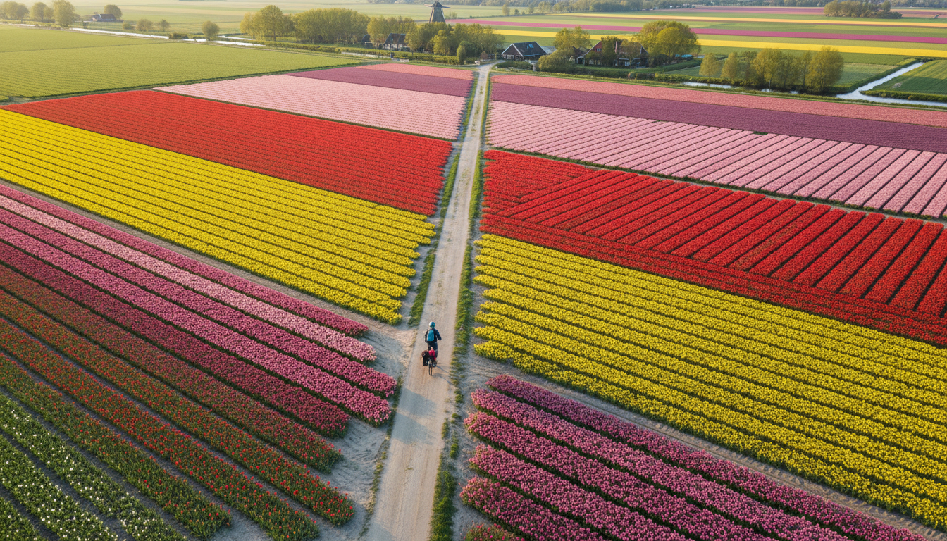 An aerial view of Dutch tulip fields showing geometric patterns of different colored flowers - red,