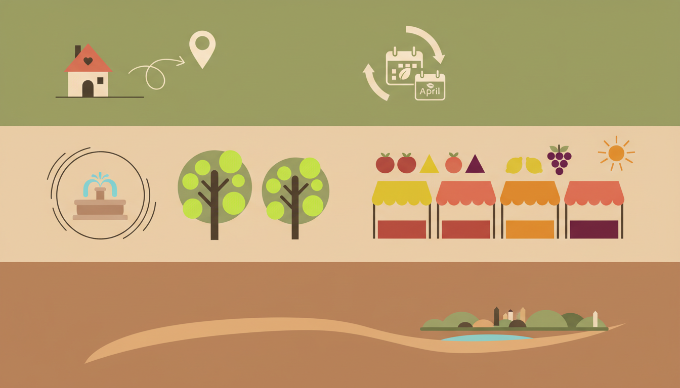 A charming Provenal village square with a fountain, plane trees with fresh spring leaves, and a morn