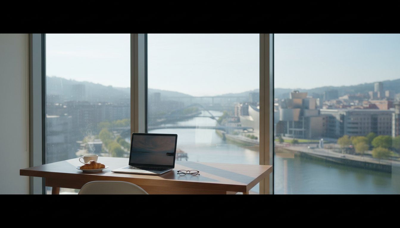 Morning light streaming through floor-to-ceiling windows of a modern Bilbao apartment, laptop open o