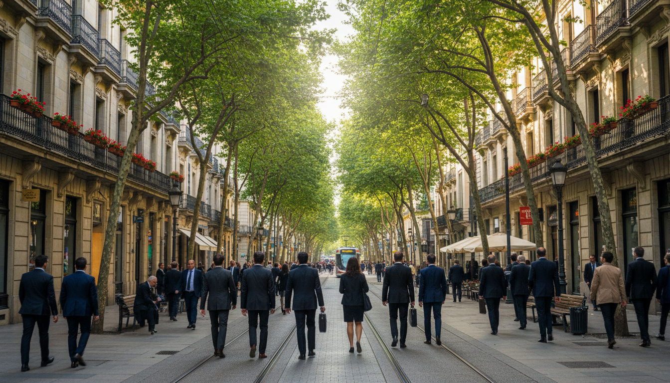 Tree-lined Gran Va de Don Diego Lpez de Haro in Abando, elegant stone buildings with wrought-iron ba