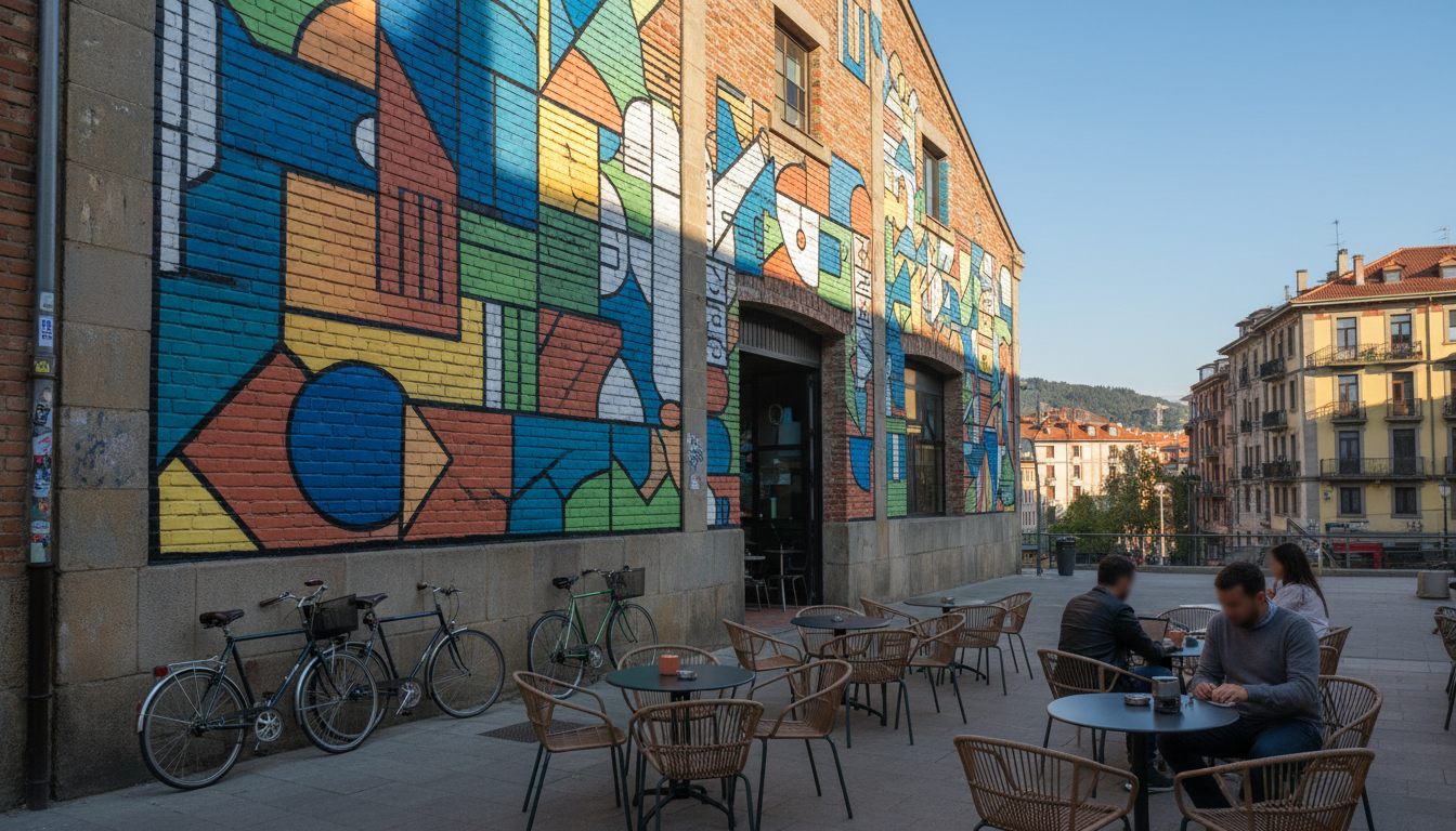 Street art mural on a converted warehouse in Bilbao la Vieja, colorful geometric patterns, caf with