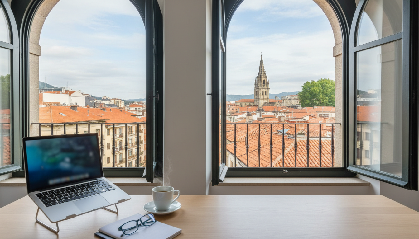 First-person view from a desk in a Bilbao apartment, laptop open, coffee cup, morning light through