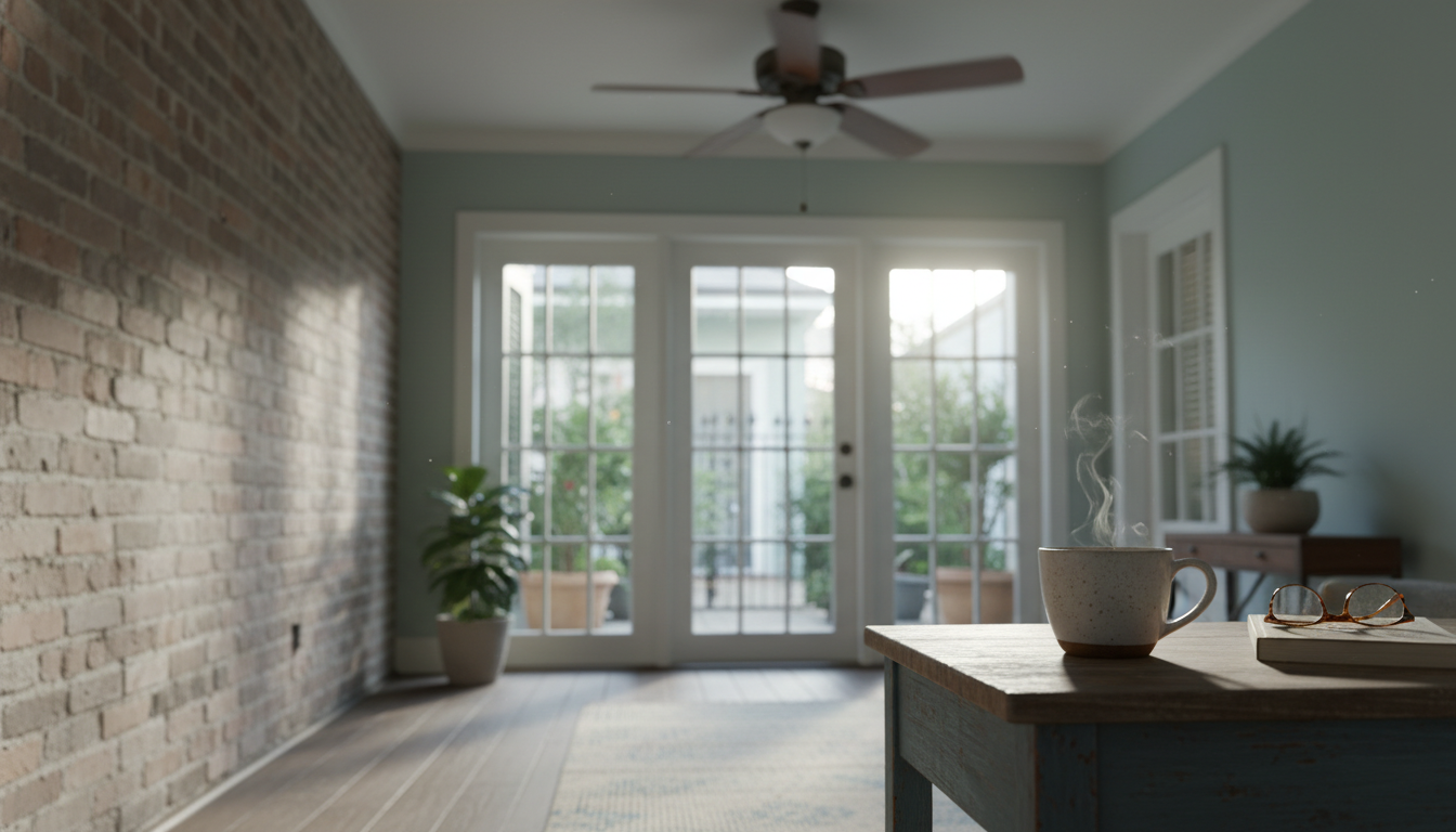 Morning light filtering through French doors of a classic New Orleans shotgun house, exposed brick w