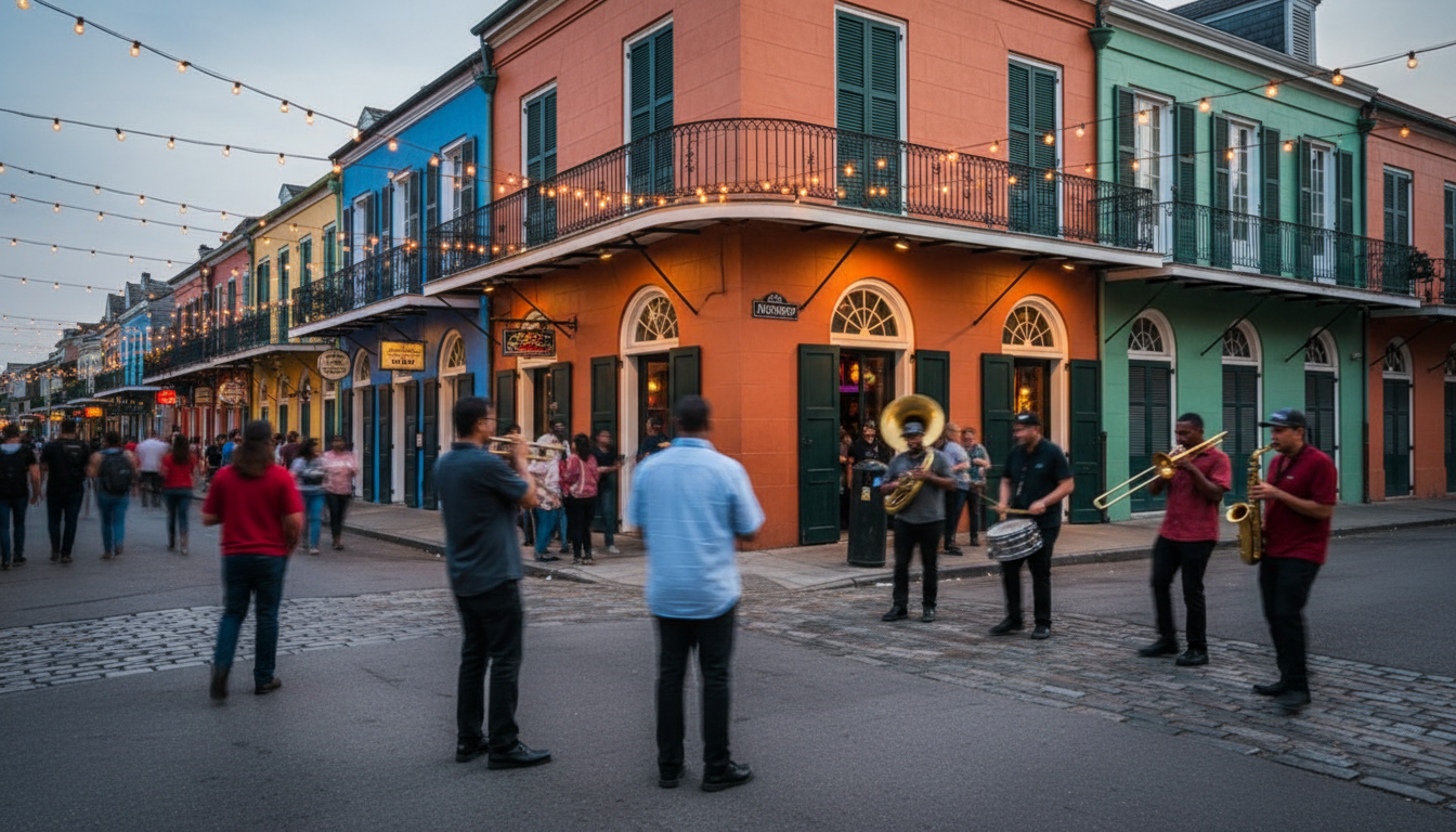 Frenchmen Street at dusk, string lights glowing, people spilling out of music venues onto the sidewa