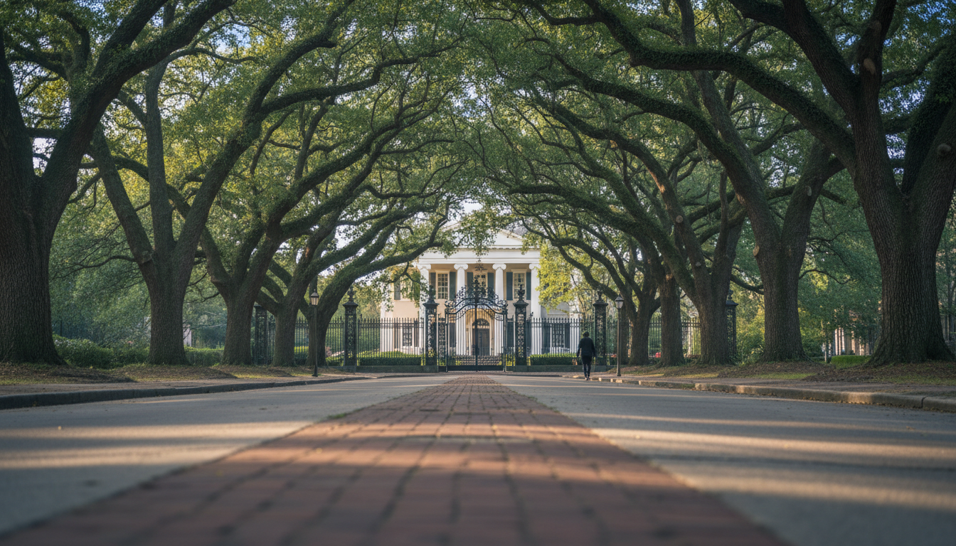 A tree-lined street in the Garden District, massive oak branches creating a green canopy, a historic
