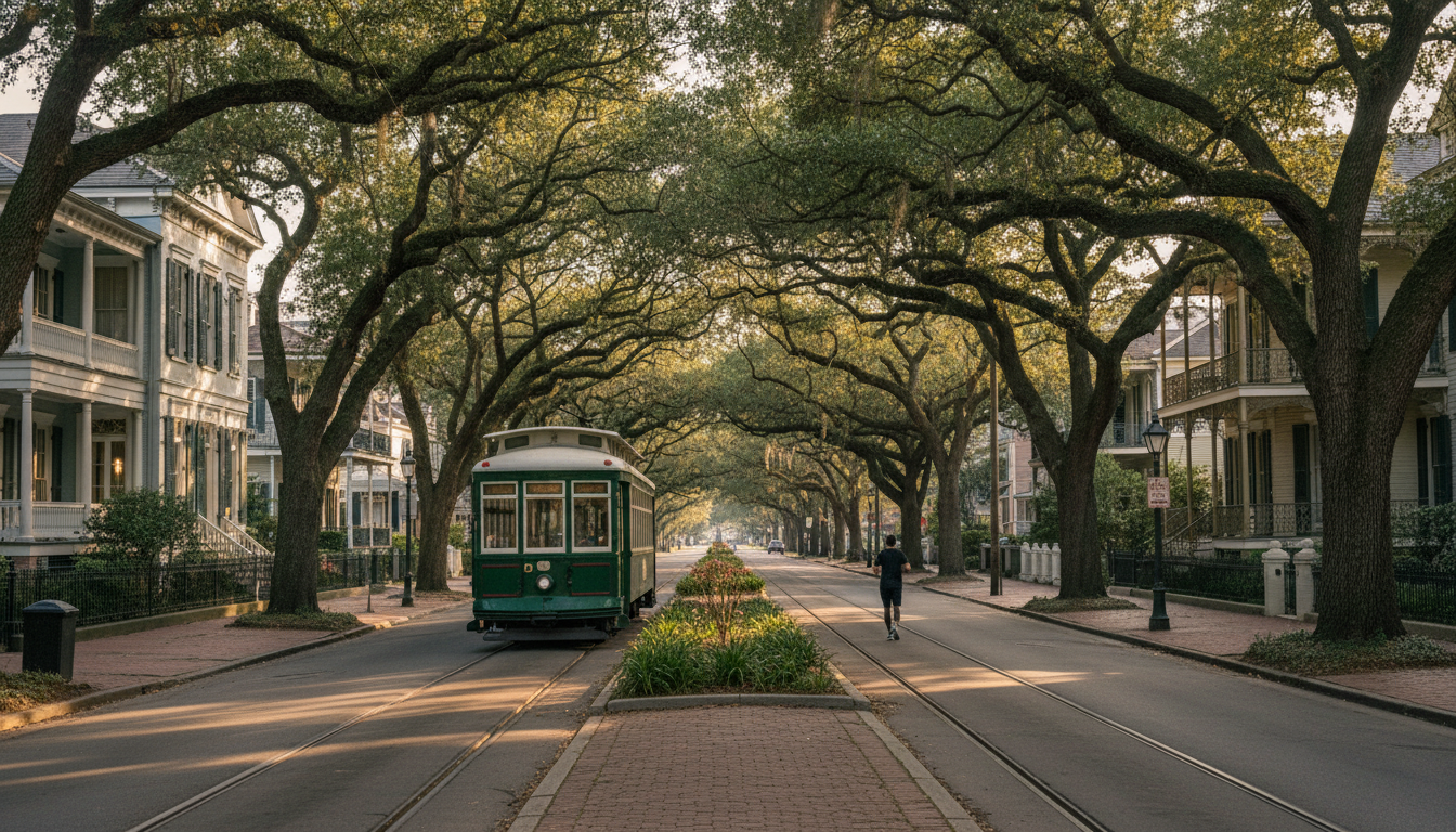 The St. Charles streetcar passing under a canopy of live oaks, historic homes visible on both sides,