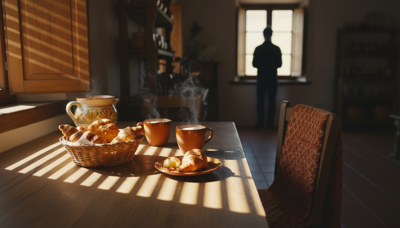 morning light filtering through wooden shutters onto a rustic breakfast table with caf con leche and