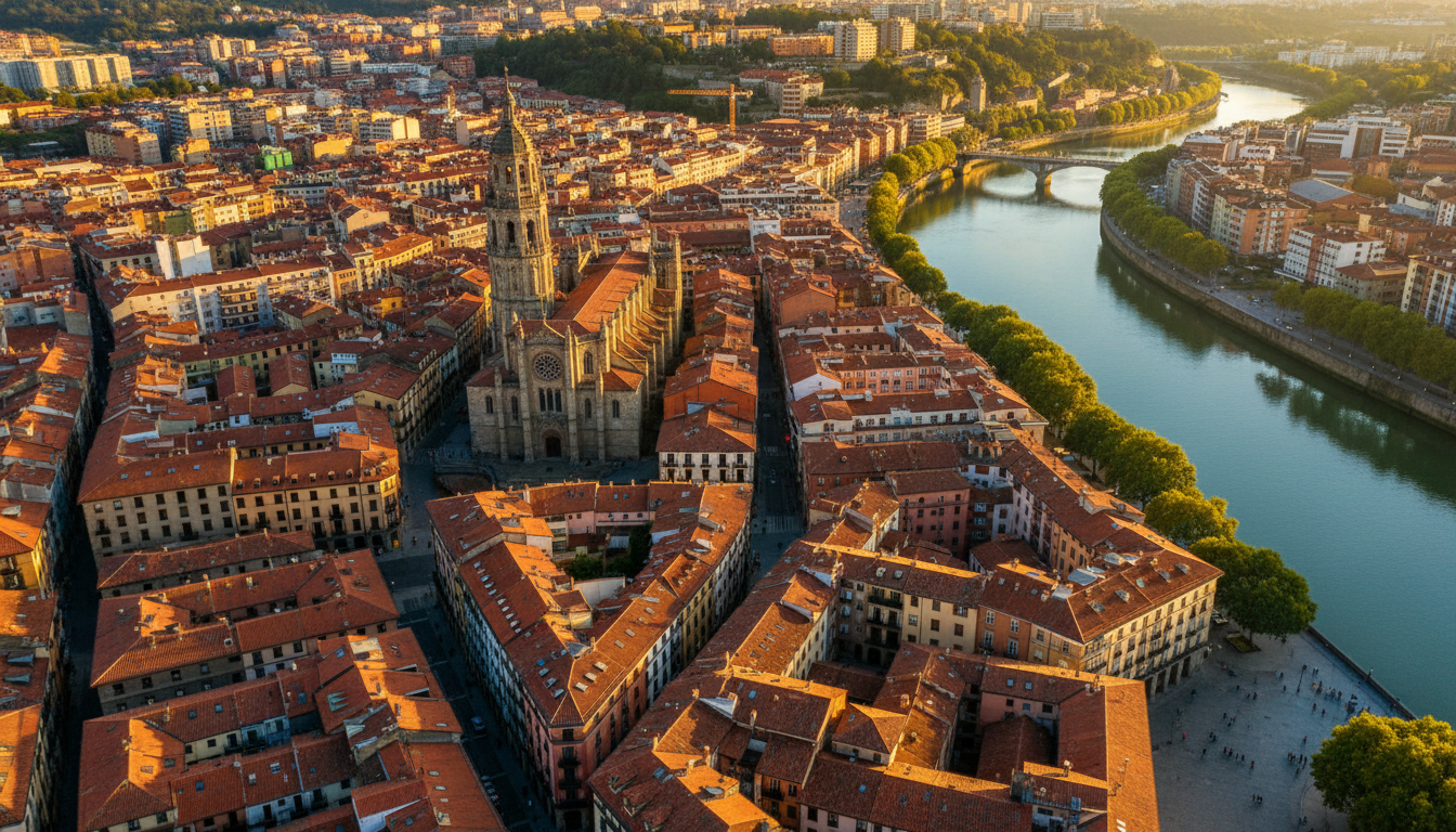aerial view of Bilbaos Casco Viejo at golden hour, showing the dense medieval streets, the Santiago