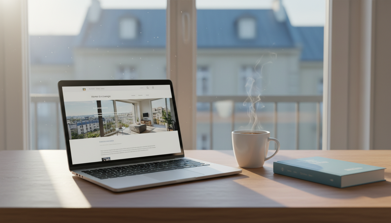 laptop open on a wooden desk showing a home exchange listing, with a cup of coffee and a Bilbao trav