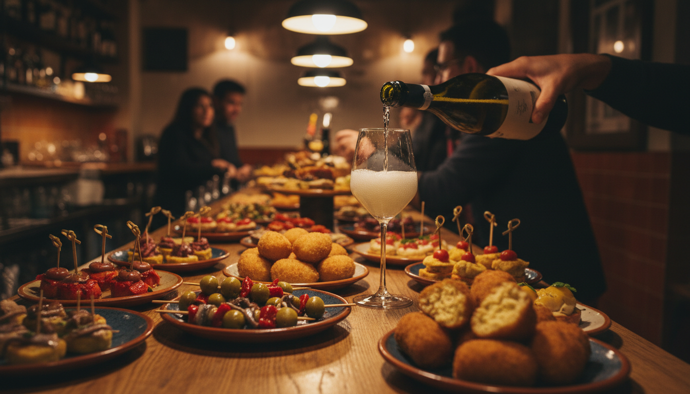 traditional Basque pintxos spread on a wooden bar counter, including gildas olive-anchovy-pepper ske