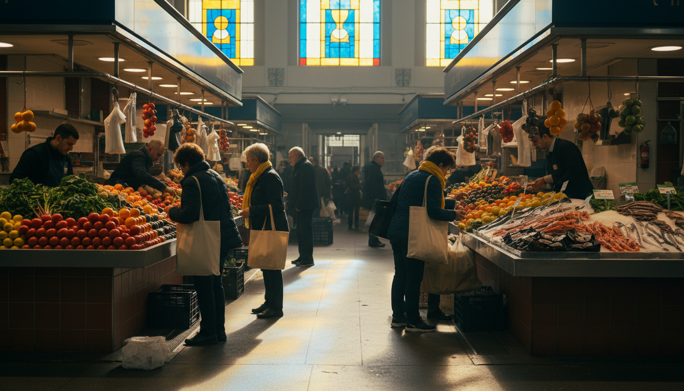 morning scene at La Ribera market in Bilbao, vendors arranging fresh produce and seafood, early shop