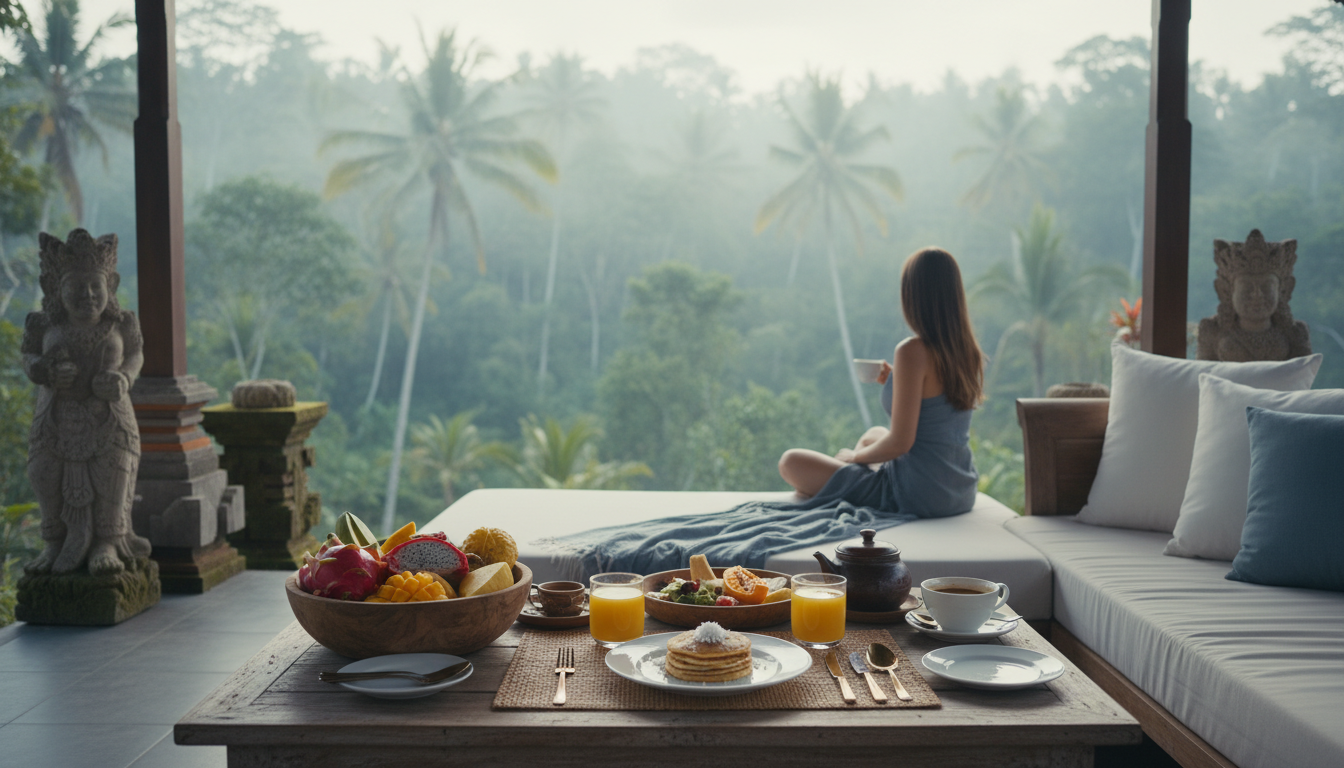 Morning scene on a traditional Balinese veranda with tropical breakfast spread, stone carvings, and