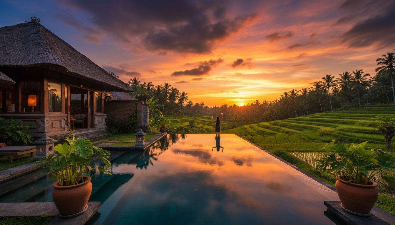 Private infinity pool overlooking rice terraces at sunset, with traditional thatched-roof villa arch