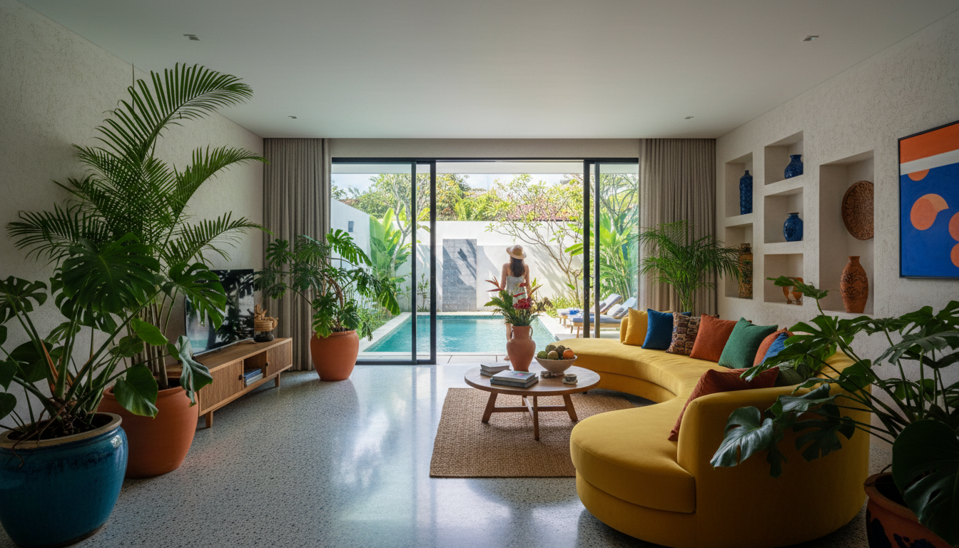 Stylish modern villa interior in Seminyak with terrazzo floors, tropical plants, and glimpse of priv