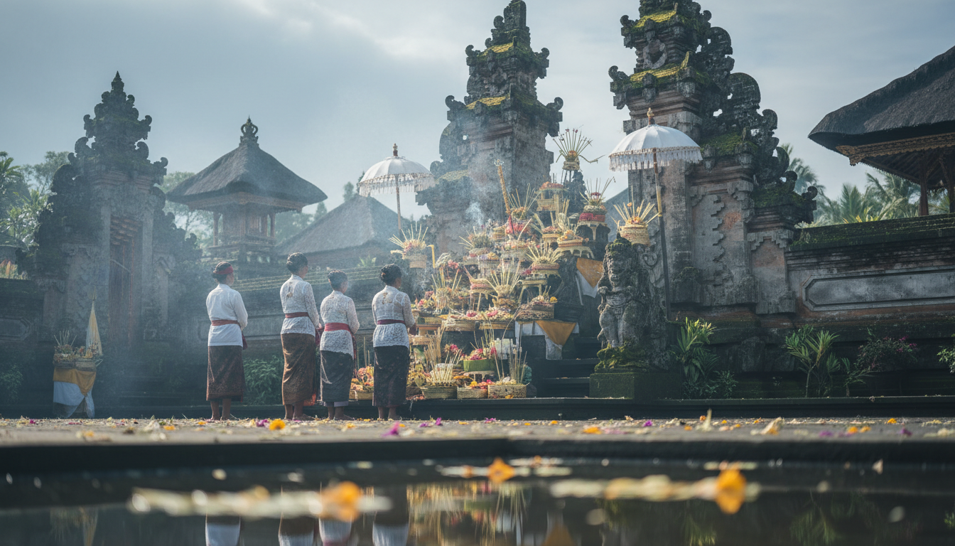Balinese temple ceremony with offerings, incense smoke, and locals in traditional white clothing, ca